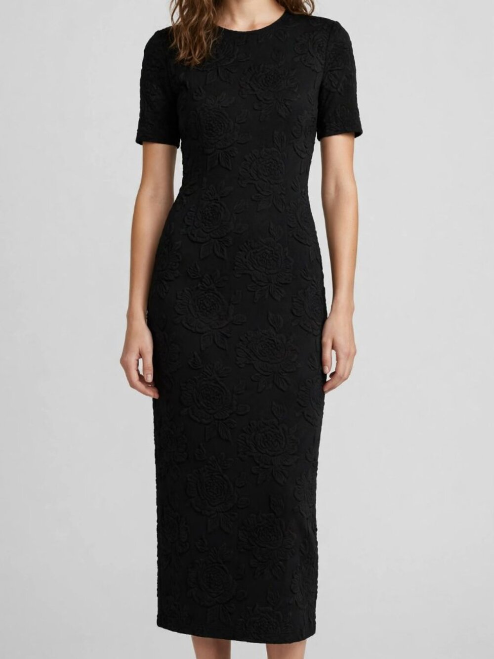 Black Floral Jacquard Short Sleeve Midi Dress — S
